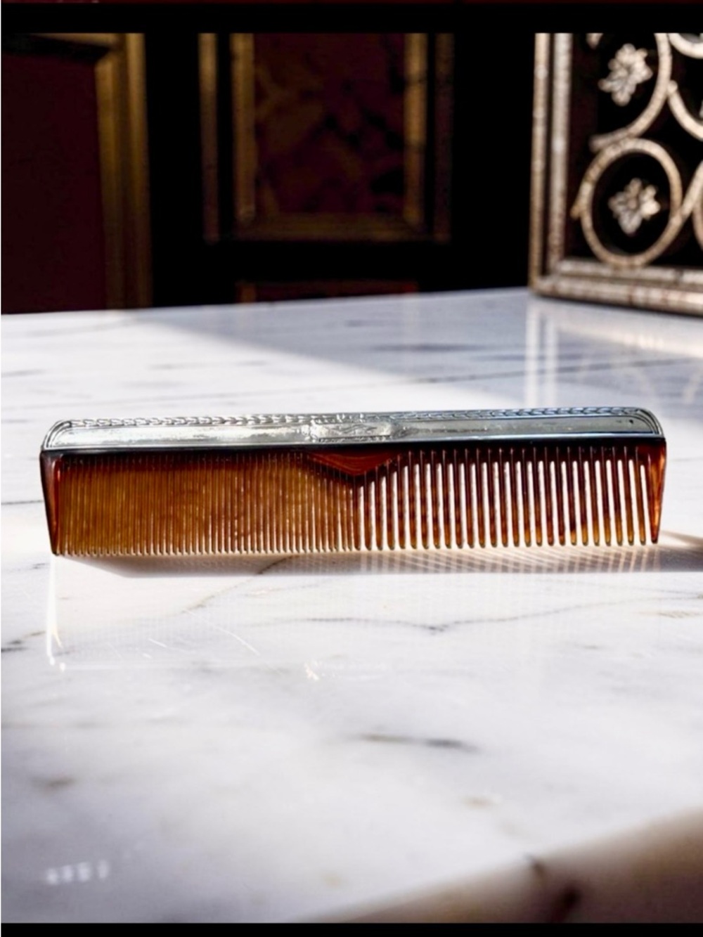 Sterling Silver Hair Comb faux tortoiseshell - decorative Sterling spine